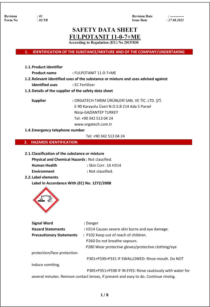 Güvenlik Bilgi Formu Fulpotanit